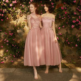 Calf length long pink tulle bridesmaid dresses