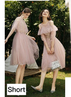 Light pink embroidered tulle bridesmaid dresses