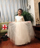 Long sleeve champagne lace and tulle flower girl dress floor length long
