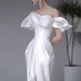 Strapless satin wedding dress high low wedding gown