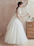 Short sleeve floor length long backless modest wedding dress