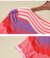 Red stripes knitting dress short sleeve