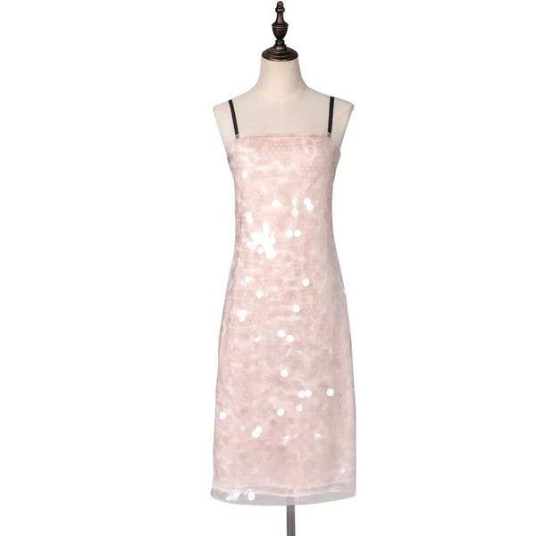 Spaghetti straps light pink sequin dress bling bling nude pink cocktail dress
