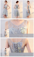 Short embroidered gray bridesmaid dress high low prom dress