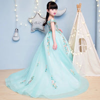 Embroidered tailed flower girl dress green gown with train
