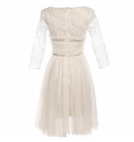 Middle sleeve beige lace and tulle short prom dress