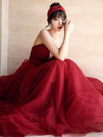 Dark red prom dress off the shoulder tulle dress