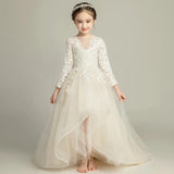 Long sleeve lace flower girl dress champagne embroidered kid's gown