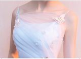 Spaghetti straps pink blue applique tulle prom dress