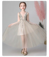 Champagne V neck sequin little girl's prom dress