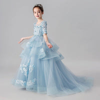 Half sleeve sky blue tailed ball gown for little girl