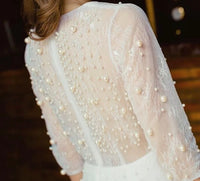 Middle sleeve white pearls dress black bead lace dress