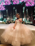 Long flower girl pink ball gown sky blue tulle kid's gown