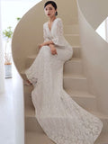 Half sleeve white lace mermaid dress