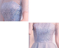 Sequin tulle prom dress transparent shoulder gray party dress short gown
