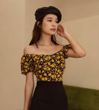 Off the shoulder floral top midriff baring