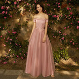 Floor length long dark pink tulle bridesmaid dresses