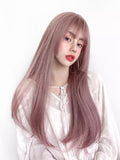 56cm 22 inches long straight rattan pink wig with bangs かつら