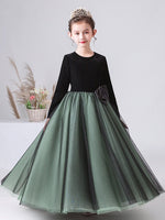 Long sleeve ball gown for little girl black green dress
