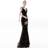 Spaghetti straps tassels black mermaid dress