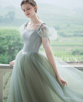 Mint green prom dress square neckline bridesmaid dress