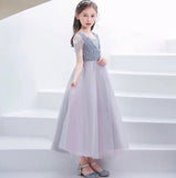 Sleeveless grey sequin prom dress for little girl
