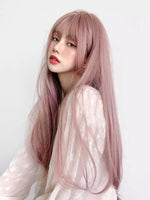 56cm 22 inches long straight rattan pink wig with bangs かつら