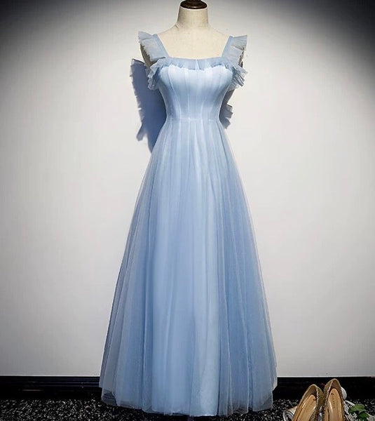 Calf length long spaghetti straps light blue tulle prom dress