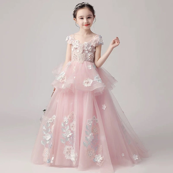 Pink Little girl's birthday dress with tail applique