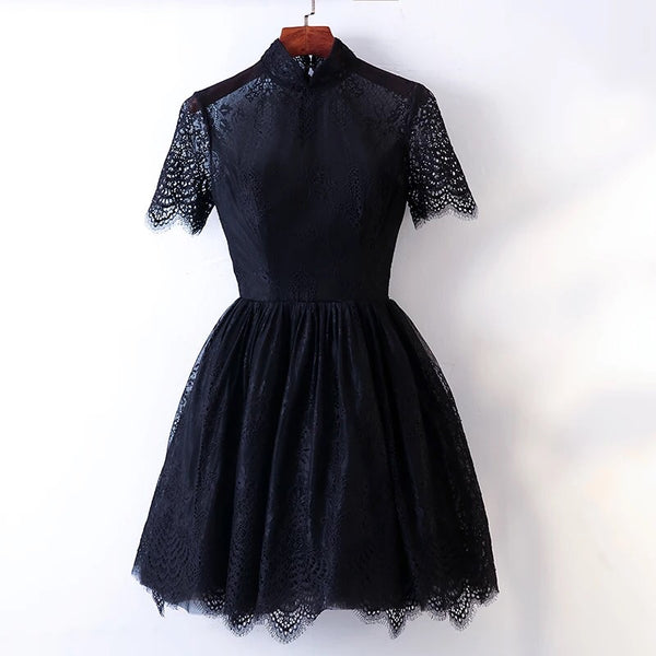 Middle sleeve high neck short lace dress