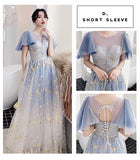 Sky blue printing bridesmaid dresses