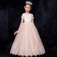 Short sleeve little girl's white and champagne lace dress