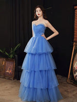 Blue prom dress tiered tulle dress