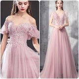 Pink embroidered tulle event dress