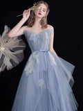 Off the shoulder sky blue embroidered prom dress