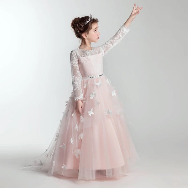 Long sleeve lace flower girl dress kid's performance dress