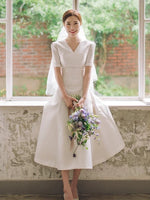 Short sleeve calf length long modest wedding dress