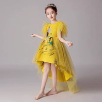 Yellow high low embroidery satin and tulle princess dress