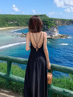 Backless black dress modest black long dress