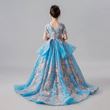 Short sleeve little girl's blue embroidered ball gown with train