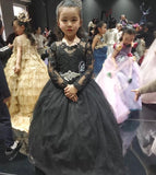 Long sleeve black lace and tulle flower girl dress