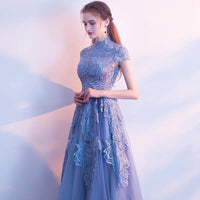 Mauve embroidered gown Blue embroidered prom dress