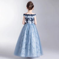 Off the shoulder printing blue flower girl dress