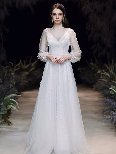 Long sleeve White pearl wedding dress