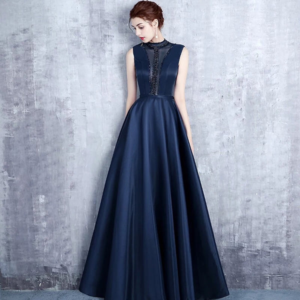 Dark blue satin evening dress Vestido de noche вечернее платье la robe de soirée