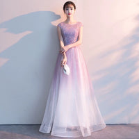 Sleeveless gradient lavender sparkly prom dress