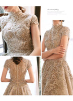 High neckline embroidered high low vintage wedding gown
