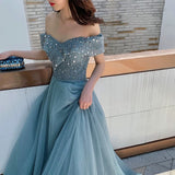 Off the shoulder sparkly mint prom dress