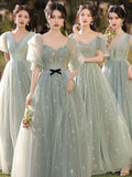 Sparkly light green bridesmaid dresses