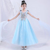 V neck embroidered blue lace and tulle flower girl dress